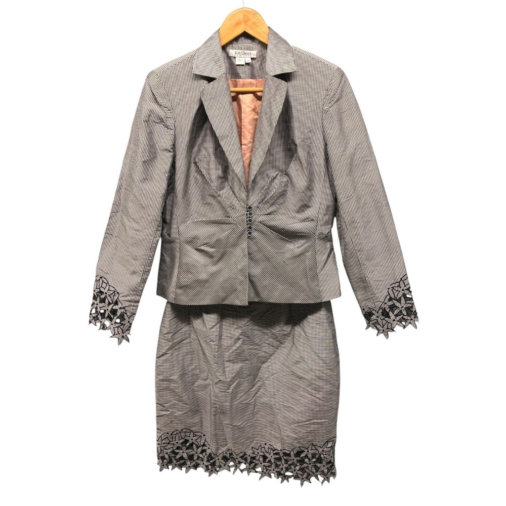 Kay Unger Houndstooth Skirt Suit Set Womens 6 Gray Silk Cut Out Trim Formal
